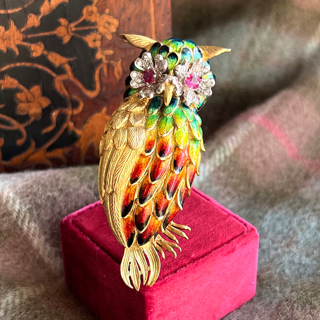 Exceptional Owl Brooch 18k Gold Enamel Diamond and Ruby, c.1960