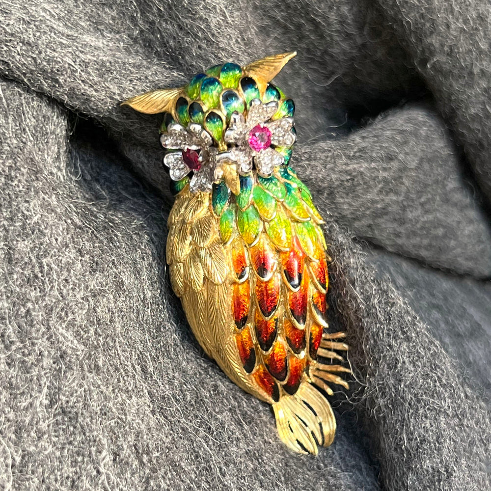 Exceptional Owl Brooch 18k Gold Enamel Diamond and Ruby, c.1960