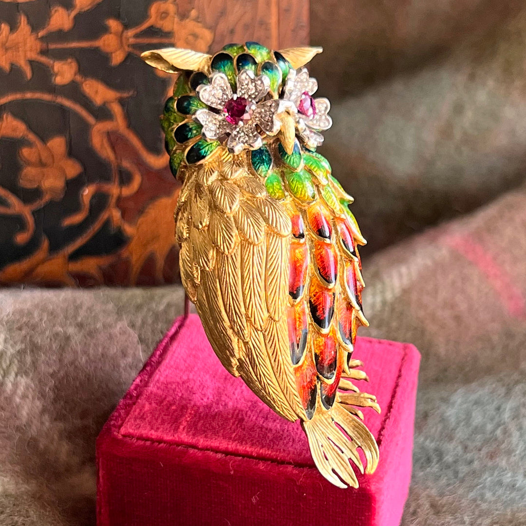 Exceptional Owl Brooch 18k Gold Enamel Diamond and Ruby, c.1960