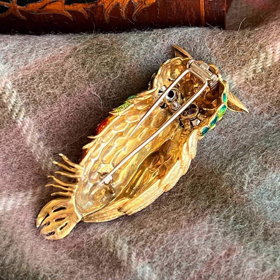 Exceptional Owl Brooch 18k Gold Enamel Diamond and Ruby, c.1960