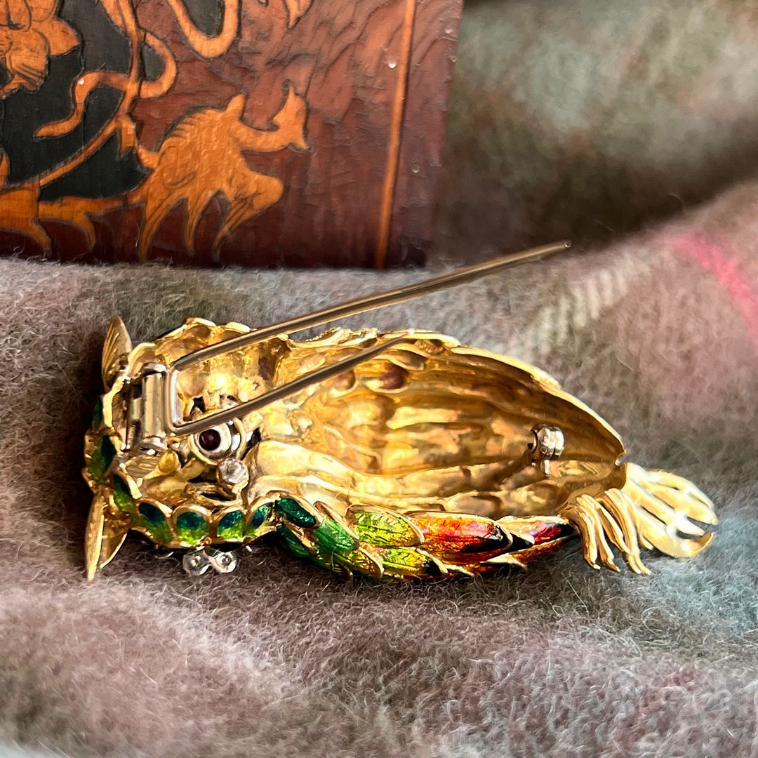 Exceptional Owl Brooch 18k Gold Enamel Diamond and Ruby, c.1960