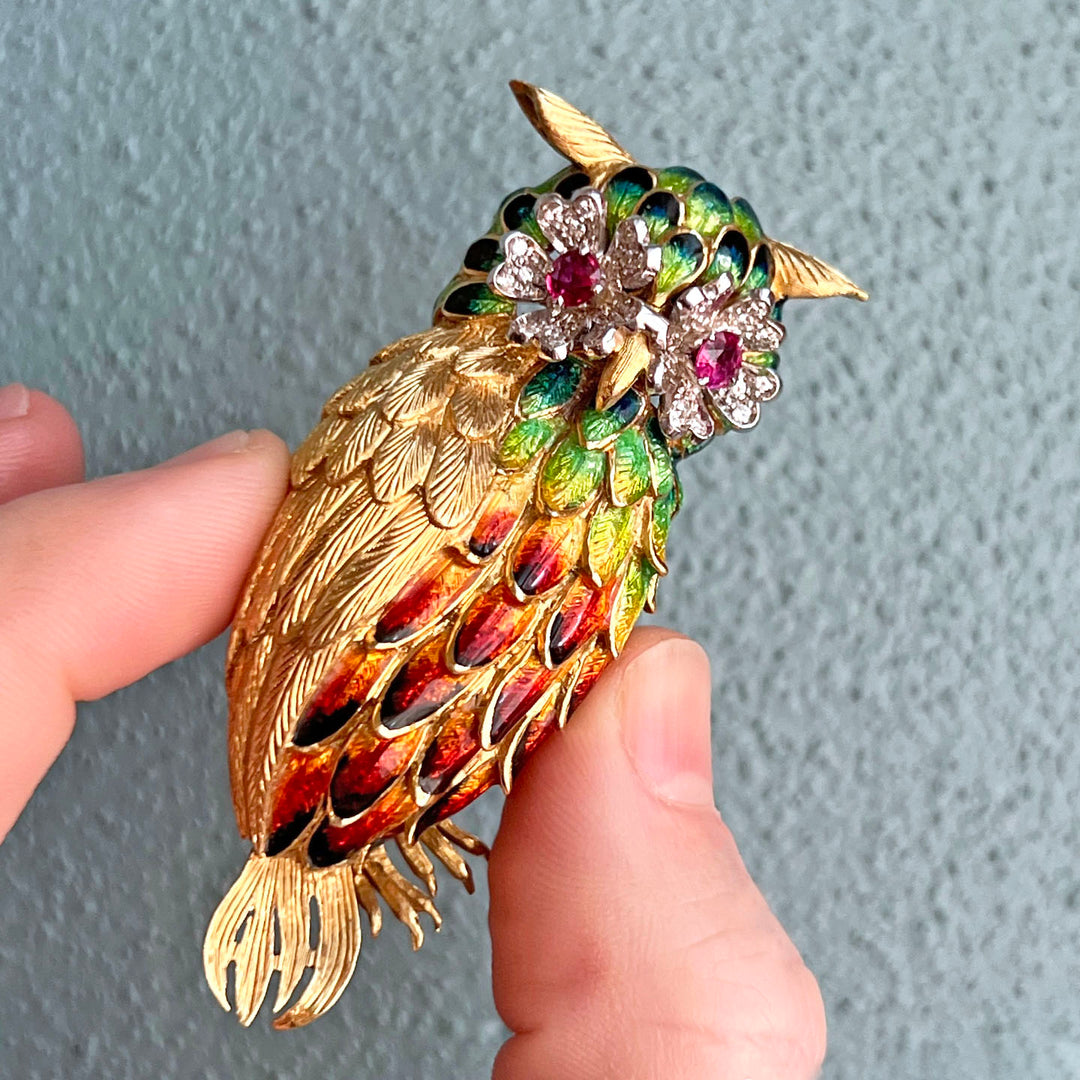 Exceptional Owl Brooch 18k Gold Enamel Diamond and Ruby, c.1960