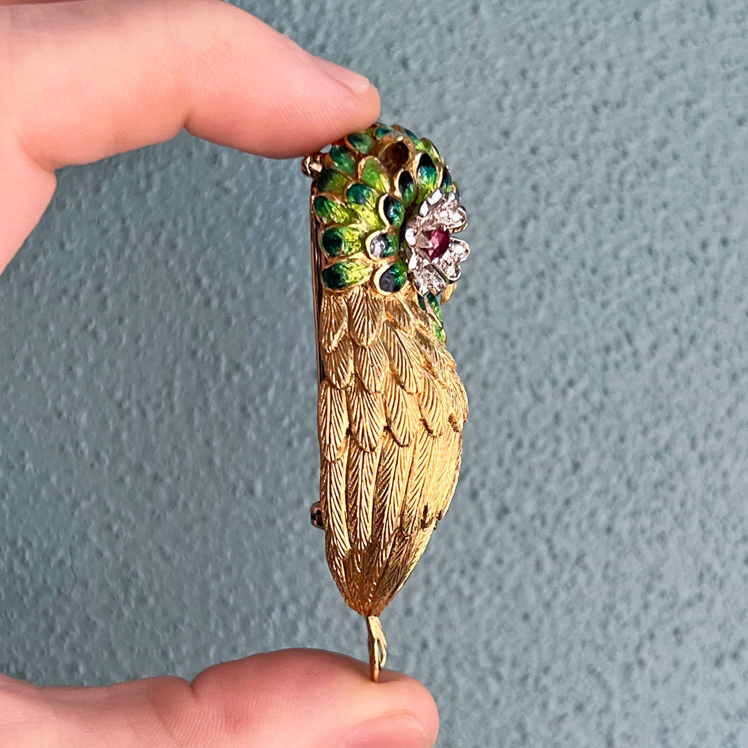 Exceptional Owl Brooch 18k Gold Enamel Diamond and Ruby, c.1960