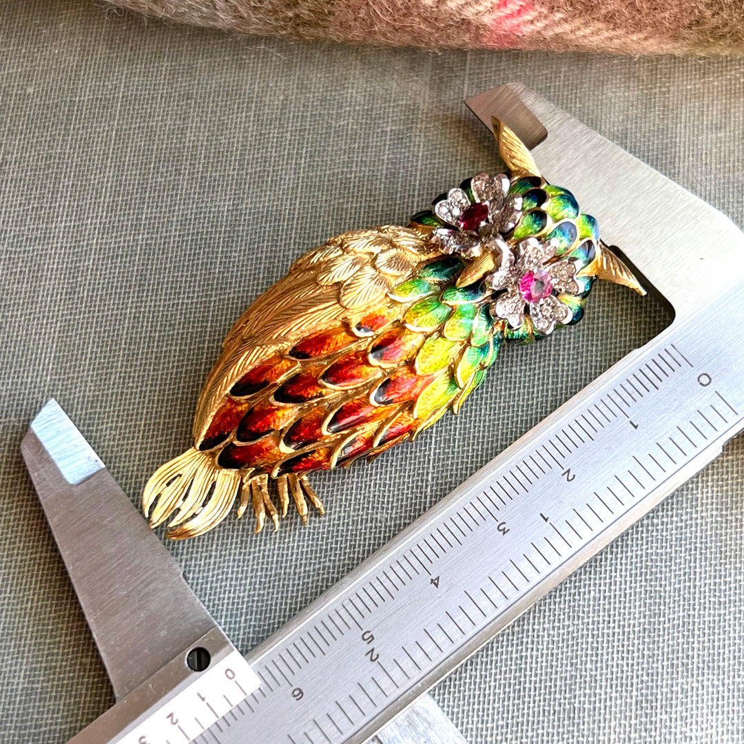 Exceptional Owl Brooch 18k Gold Enamel Diamond and Ruby, c.1960