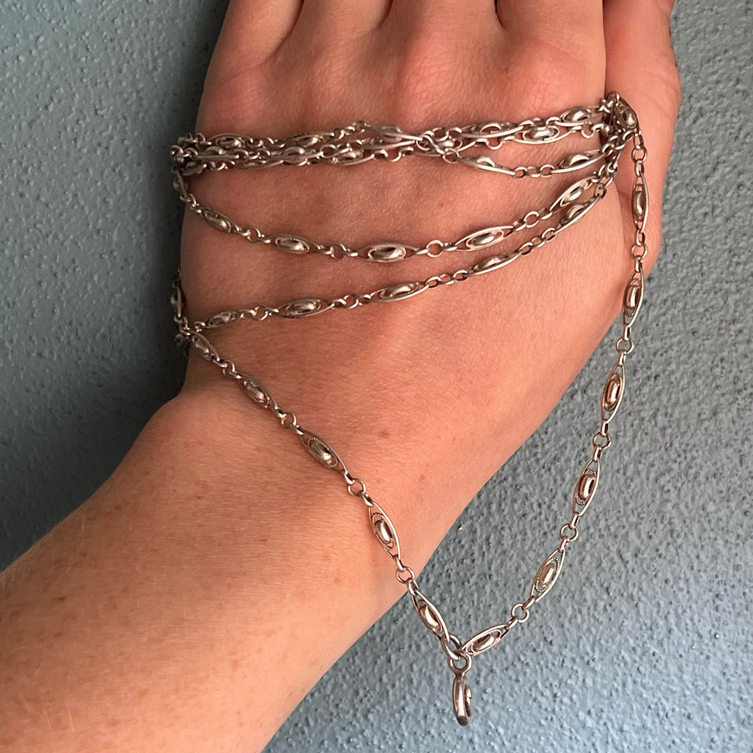 French Silver Long Guard Watch Chain, c. 1900