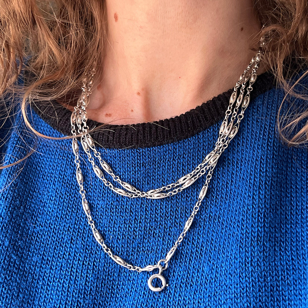 French Silver Long Guard Watch Chain, c. 1900