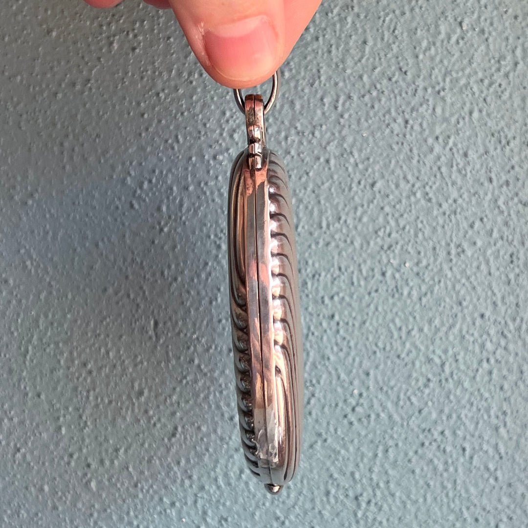 French Silver Wave Pattern Slide Locket Pendant, c. 1900