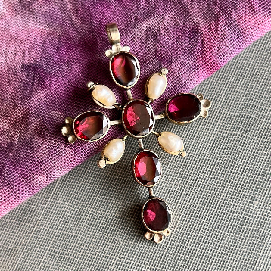 Georgian garnet pearl cross pendant in 12K gold