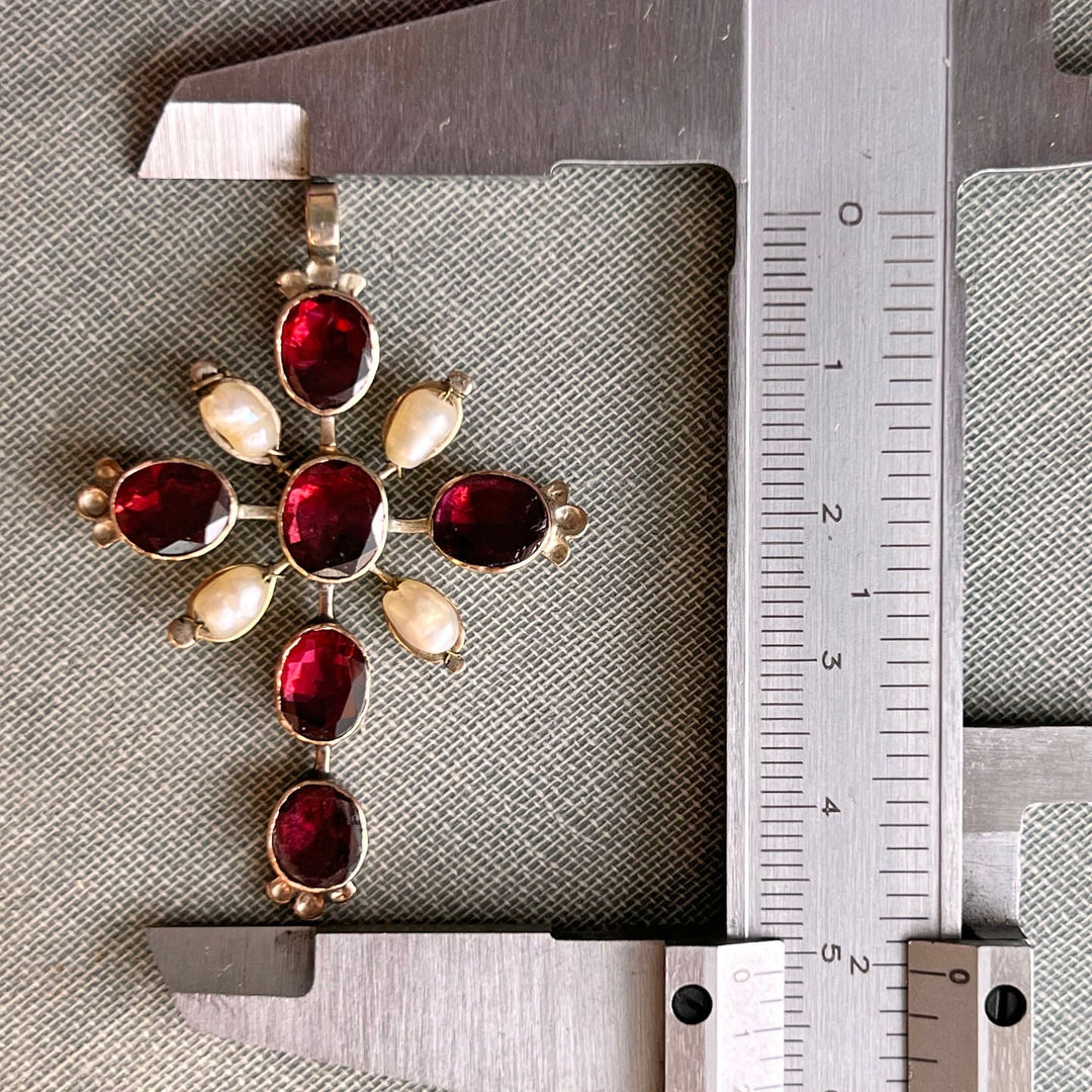 Georgian Garnet Pearl Cross Pendant 12K Gold Antique