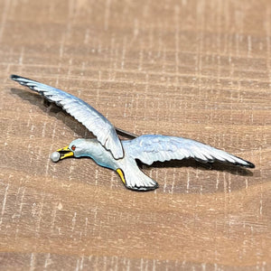 Antique Silver Enamel Brooch Seagull in Flight