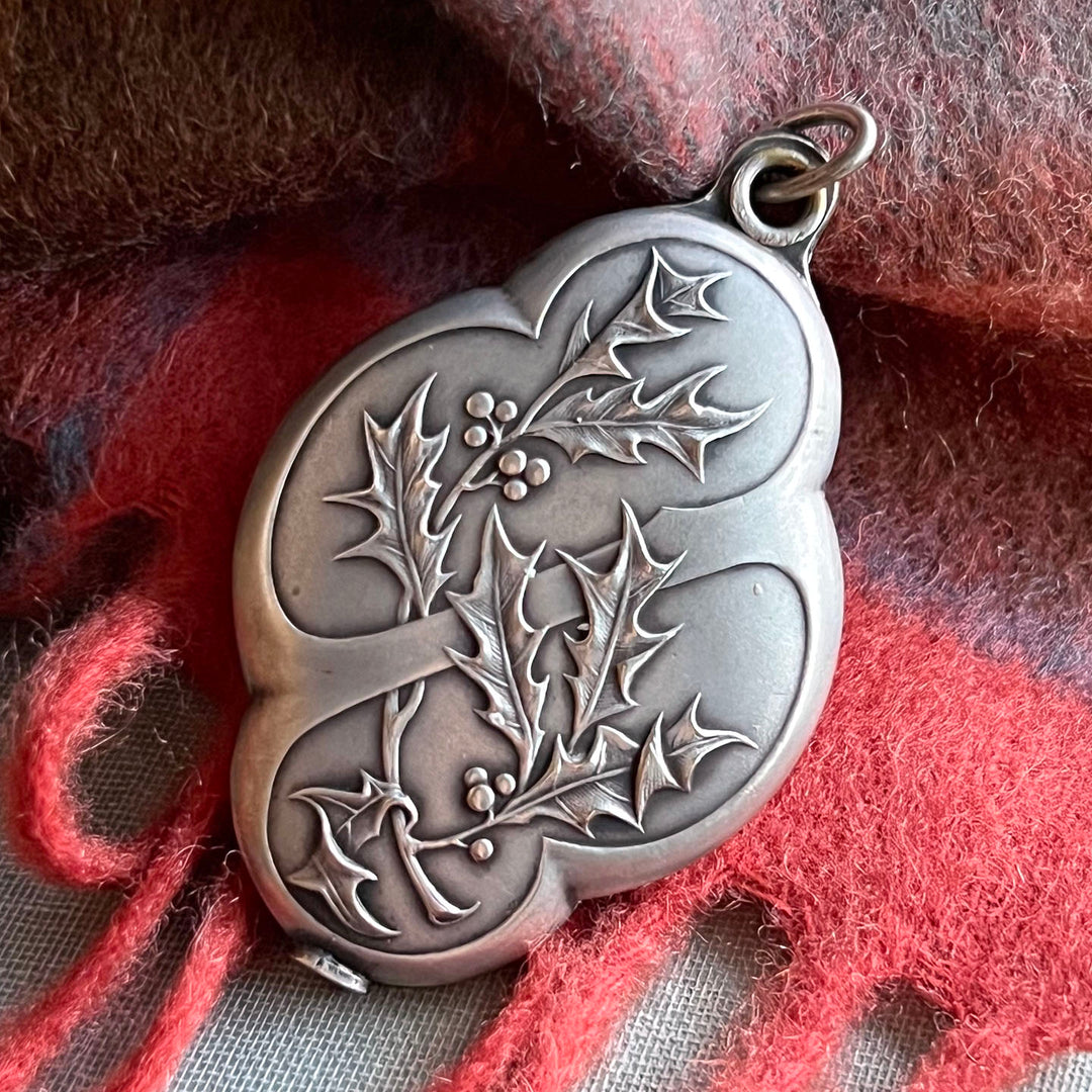 Antique French Slide Locket with Mirror Art Nouveau Holly, c.1900