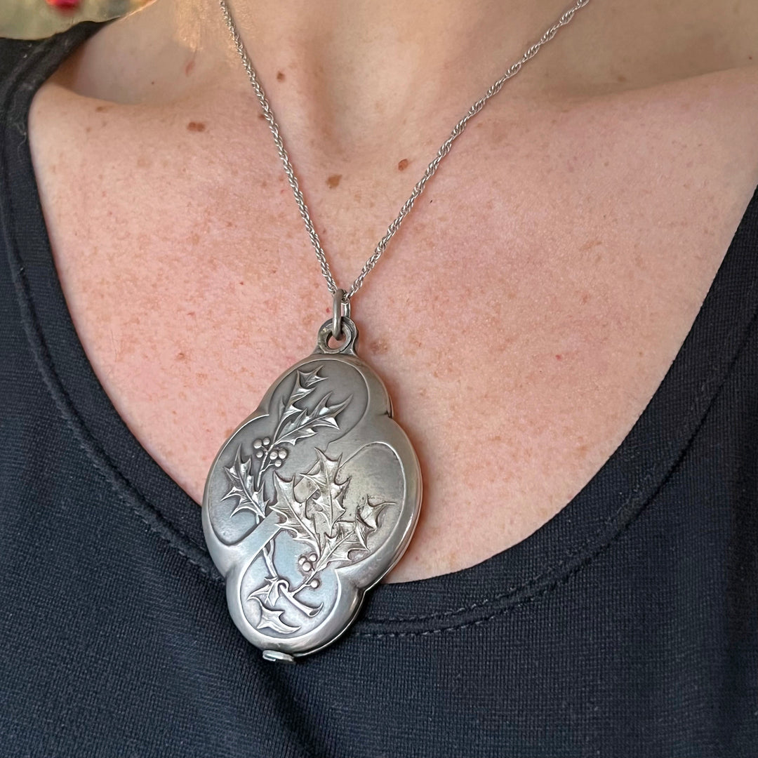 Antique French Slide Locket with Mirror Art Nouveau Holly, c.1900