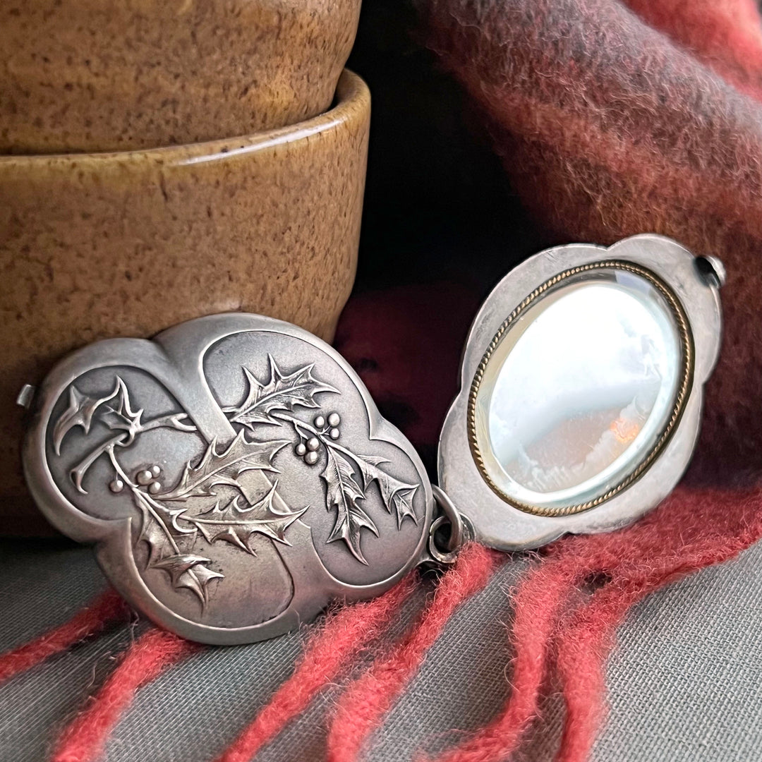 Antique French Slide Locket with Mirror Art Nouveau Holly, c.1900