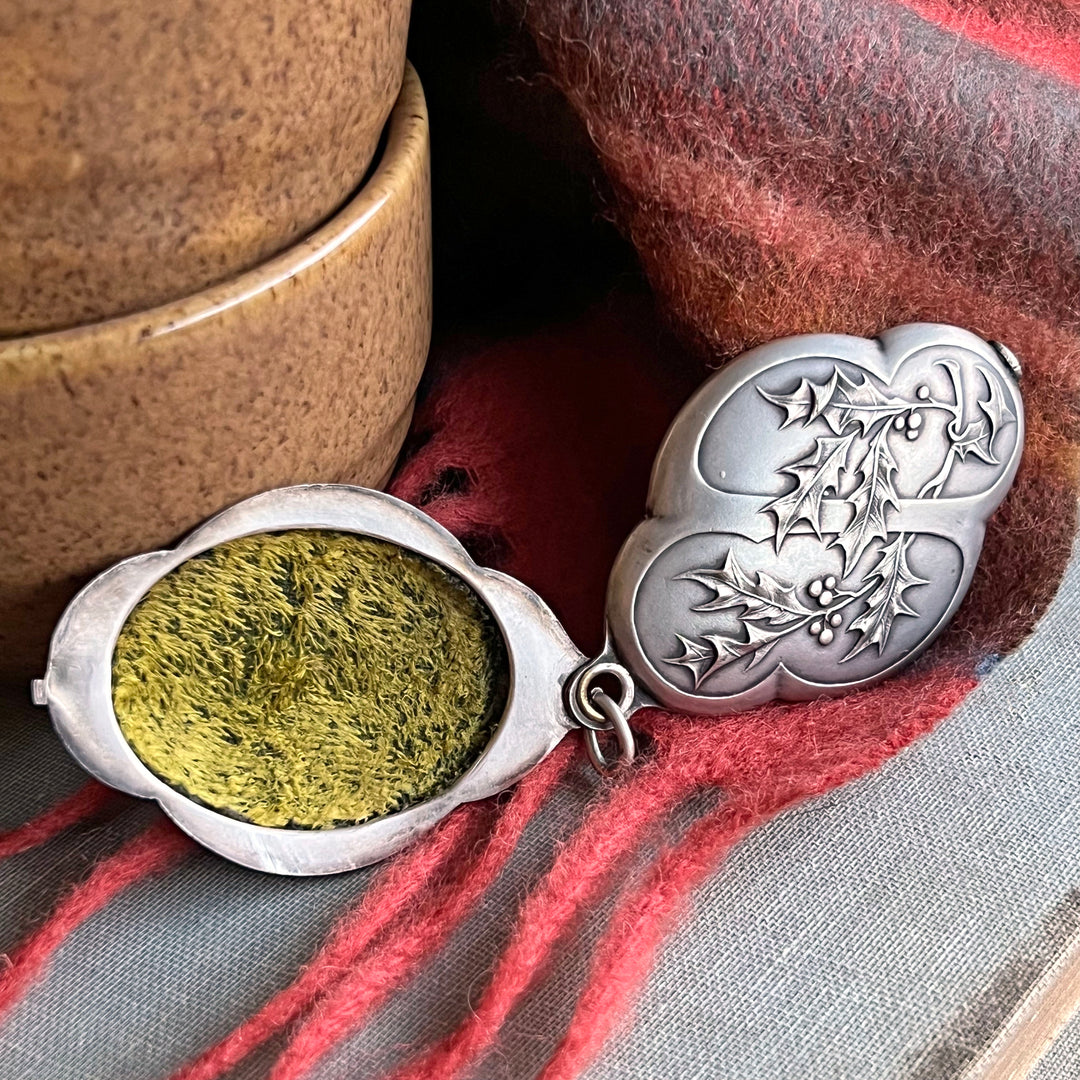 Antique French Slide Locket with Mirror Art Nouveau Holly, c.1900