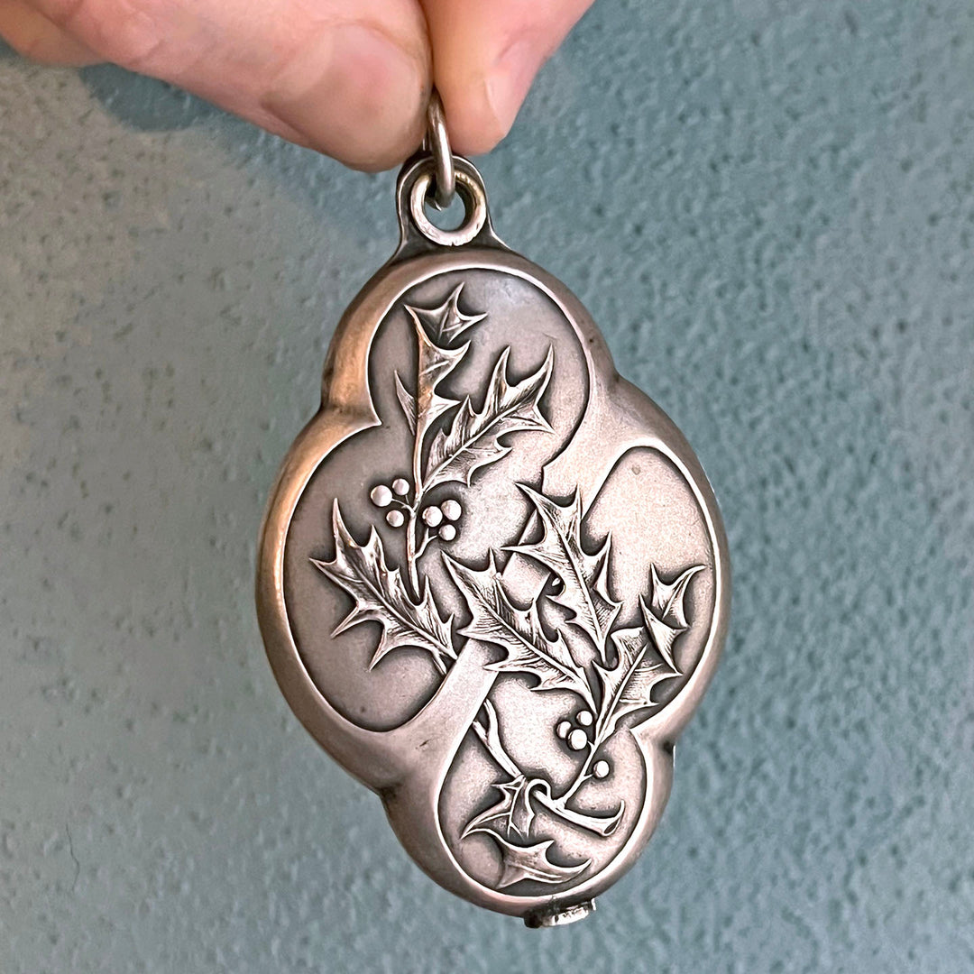 Antique French Slide Locket with Mirror Art Nouveau Holly, c.1900
