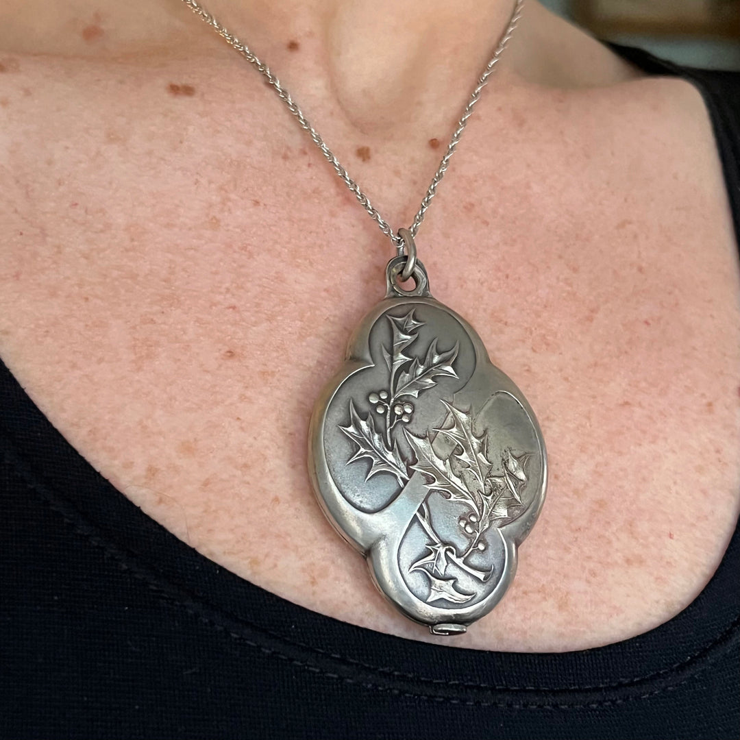 Antique French Slide Locket with Mirror Art Nouveau Holly, c.1900