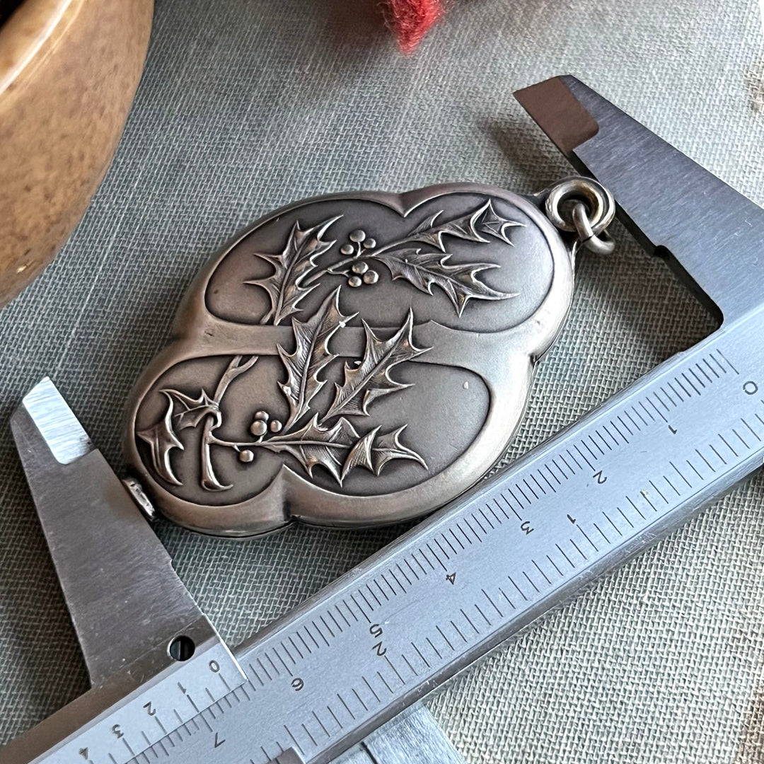 Antique French Slide Locket with Mirror Art Nouveau Holly, c.1900