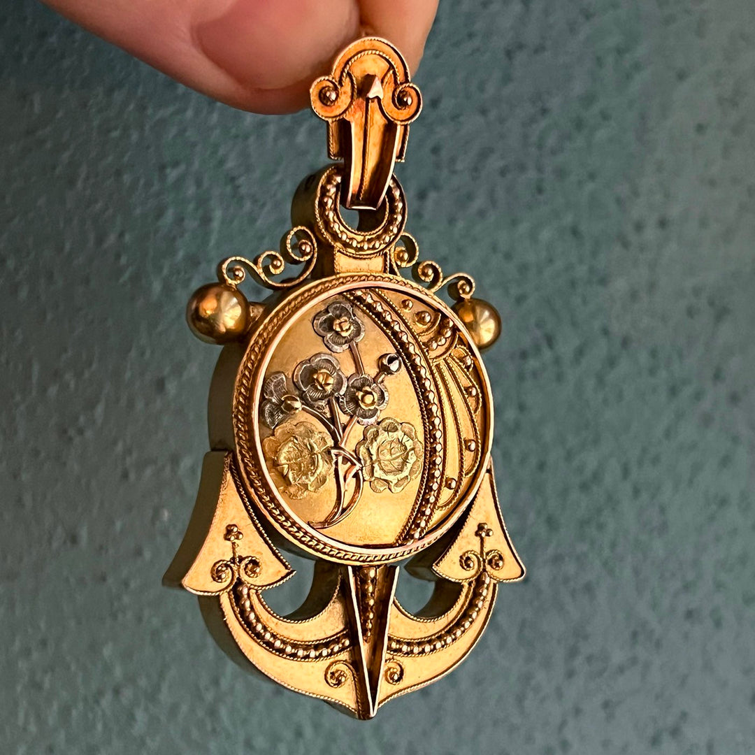Antique Victorian 15k Gold Locket Pendant Floral Anchor, c.1860