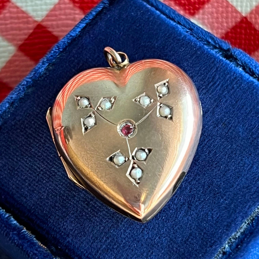 Antique Edwardian 9 Karat Gold Heart Locket Seed Pearls and Ruby, c. 1900