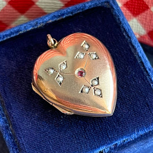 Antique Edwardian 9 Karat Gold Heart Locket Seed Pearls and Ruby, c. 1900