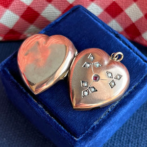 Antique Edwardian 9 Karat Gold Heart Locket Seed Pearls and Ruby, c. 1900