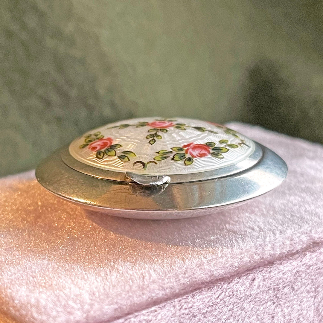 Antique Silver Enamel Compact Locket with Roses and Mirror, Birmingham 1916