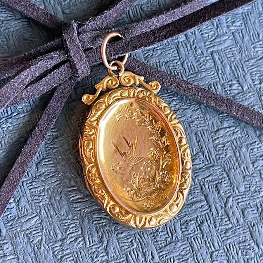 Engraved 9k Gold Locket Bird & Flowers, c. 1900