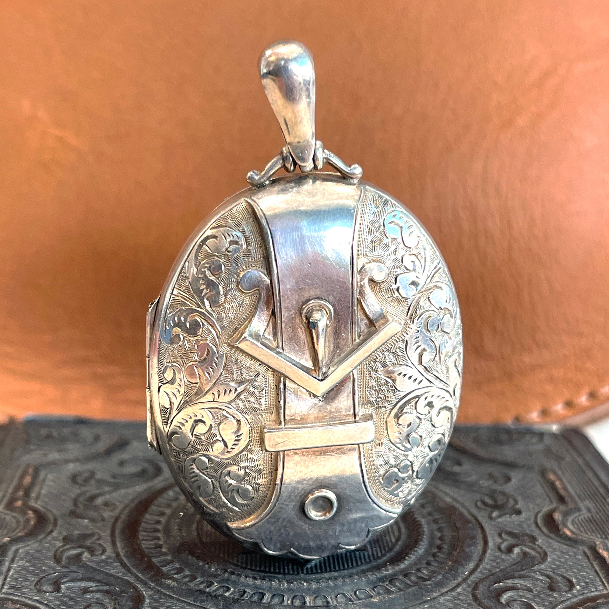 Silver Embossed Oval Buckle Locket Hallmarked 1883