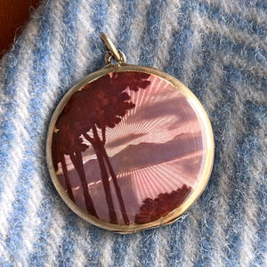 Antique Edwardian Silver Enamel Scenic Locket Guilloché Back, c. 1910