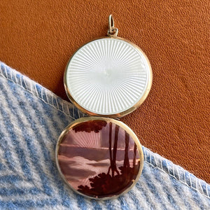 Antique Edwardian Silver Enamel Scenic Locket Guilloché Back, c. 1910