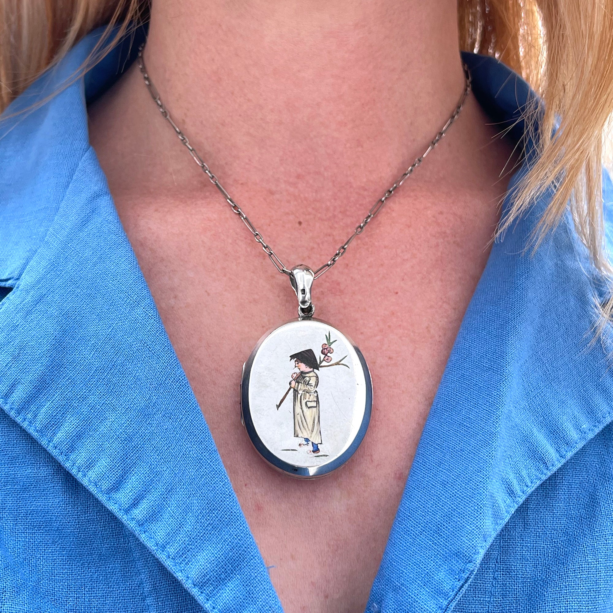 Victorian Silver Enamel Locket Person with Cherry Blossoms