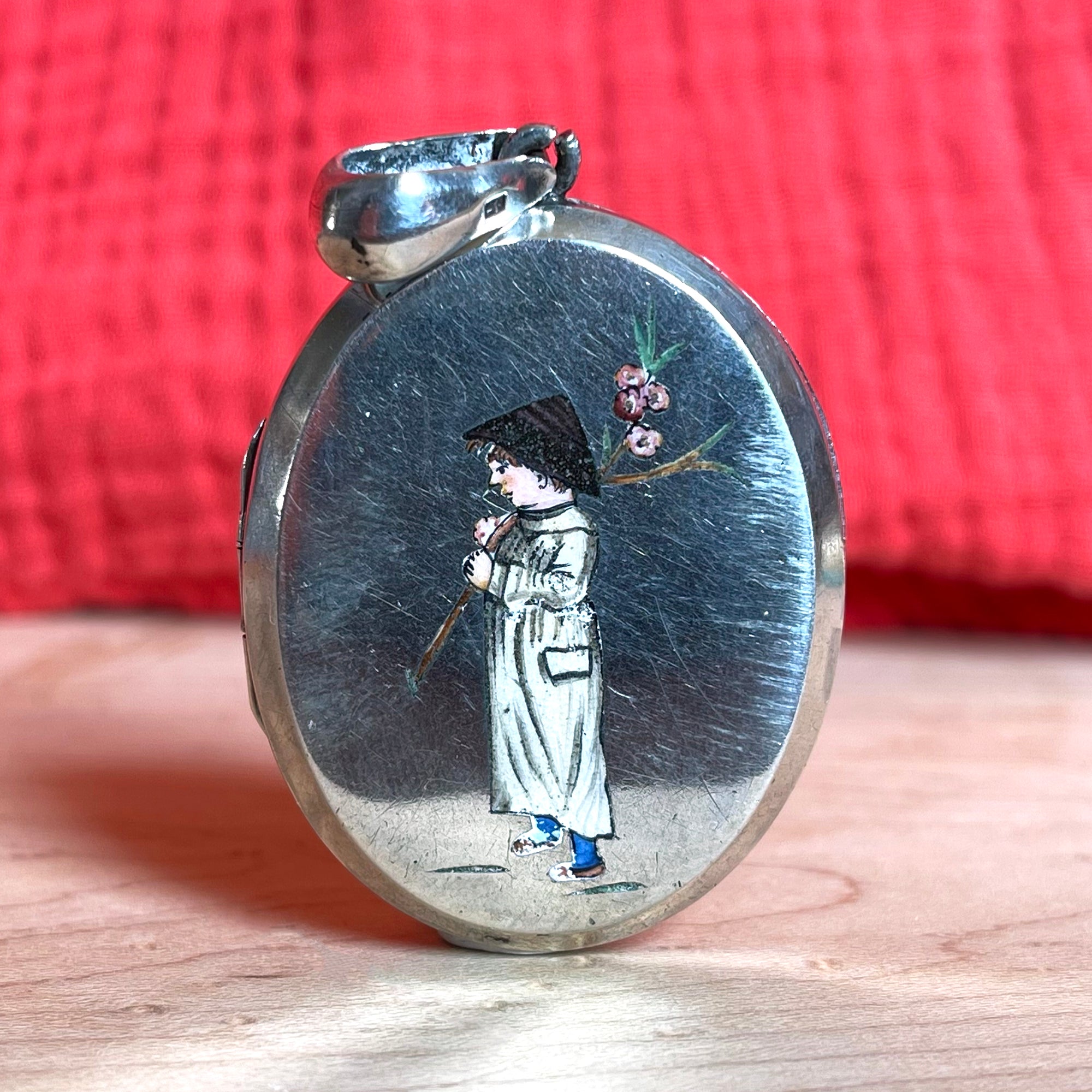 Victorian Silver Enamel Locket Person with Cherry Blossoms