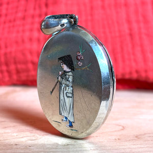 Victorian Silver Enamel Locket Person with Cherry Blossoms