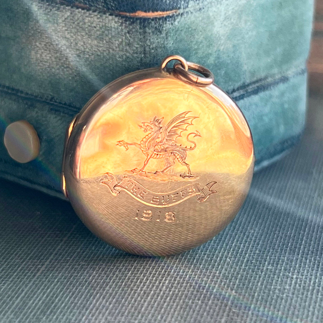 Antique Gold Engraved Locket Pendant “The Buffs" Birmingham 1918