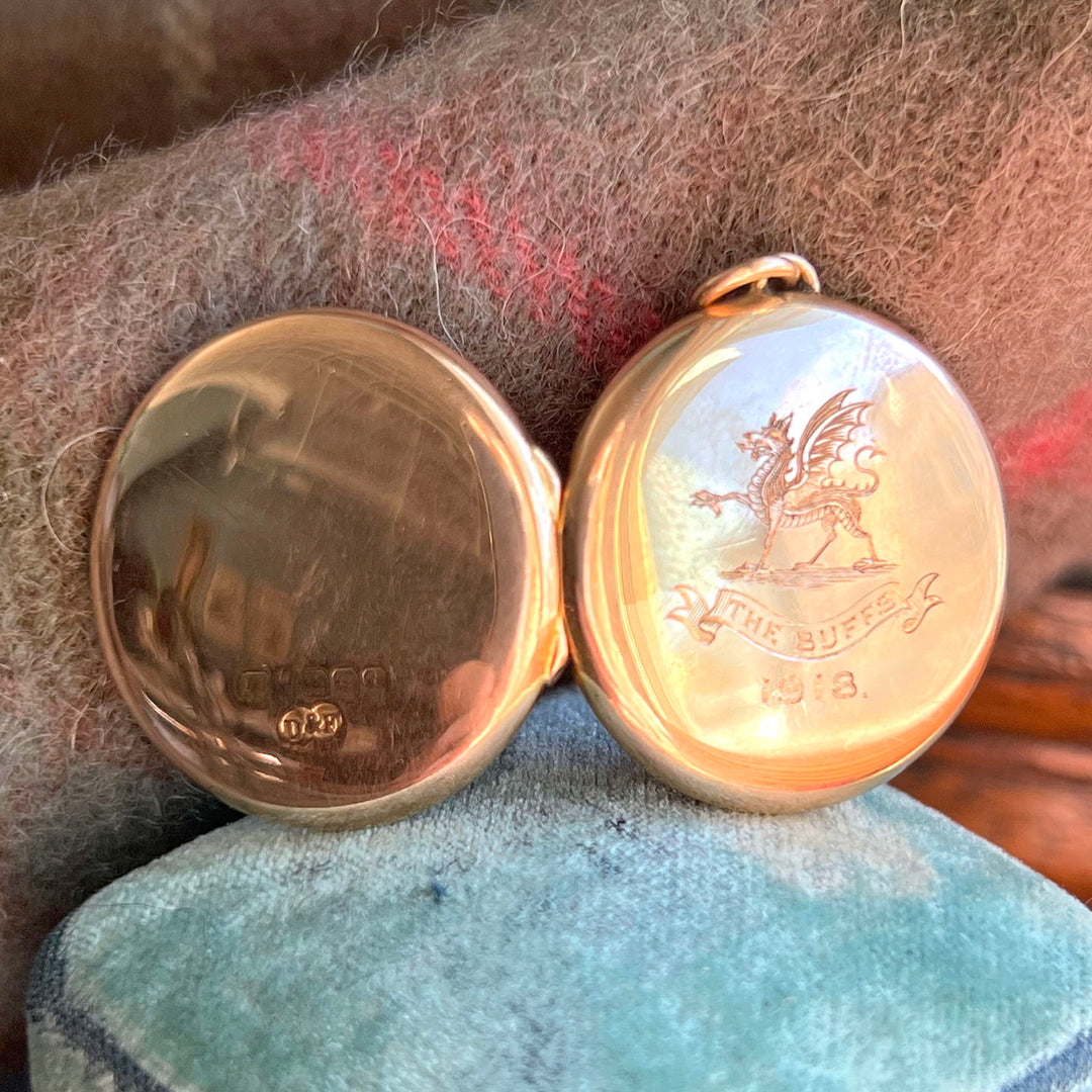 Antique Gold Engraved Locket Pendant “The Buffs" Birmingham 1918