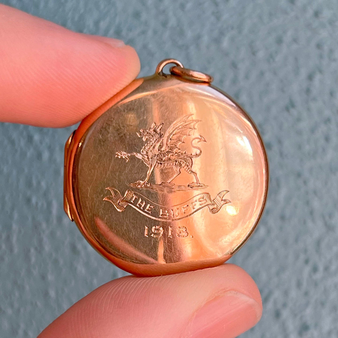 Antique Gold Engraved Locket Pendant “The Buffs" Birmingham 1918