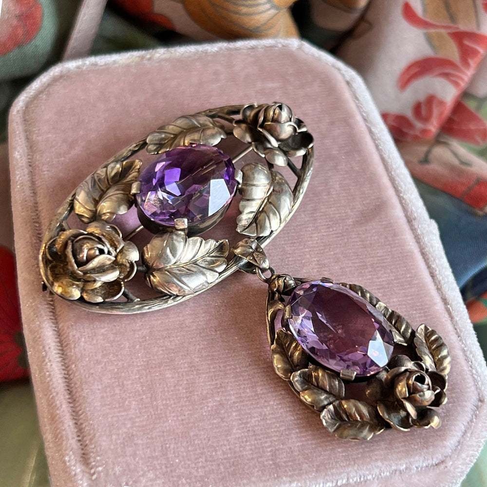 Large Vintage Drop Brooch Silver Amethyst Floral, c.1940
