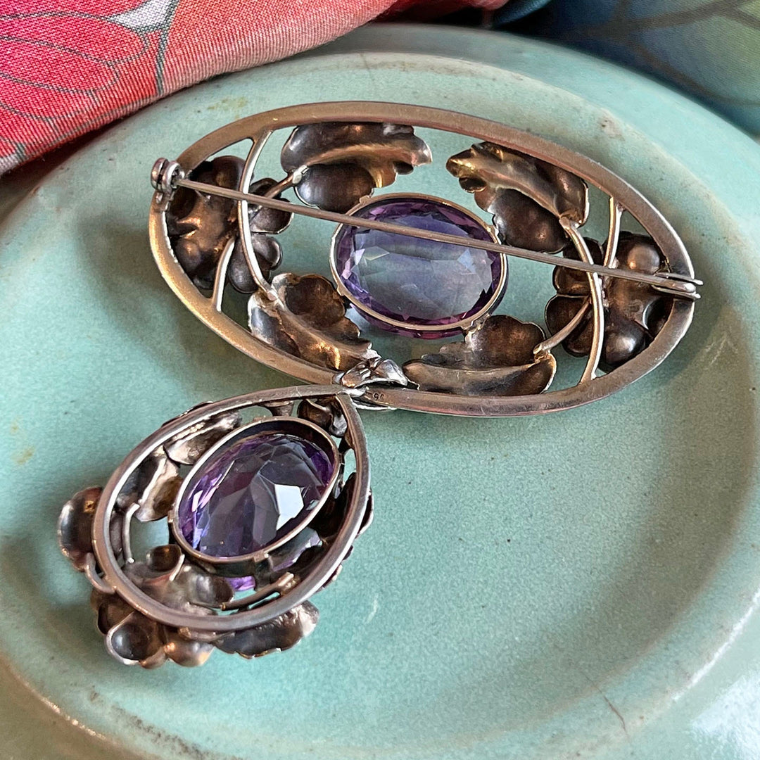 Large Vintage Drop Brooch Silver Amethyst Floral, c.1940