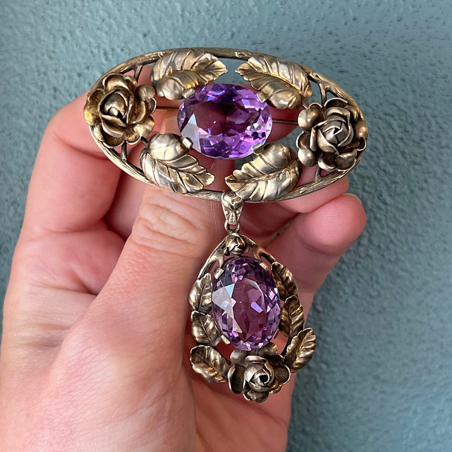Large Vintage Drop Brooch Silver Amethyst Floral, c.1940