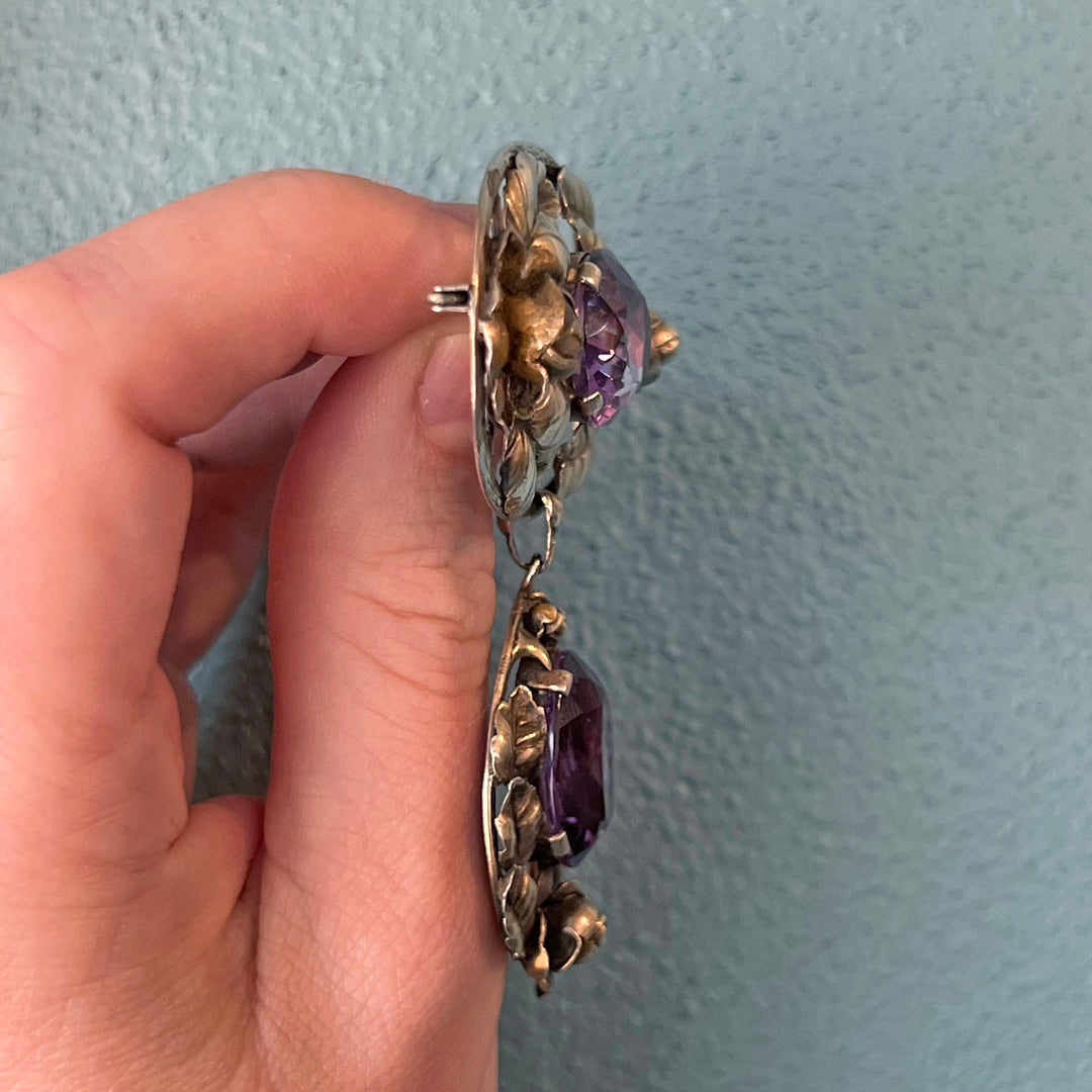 Large Vintage Drop Brooch Silver Amethyst Floral, c.1940