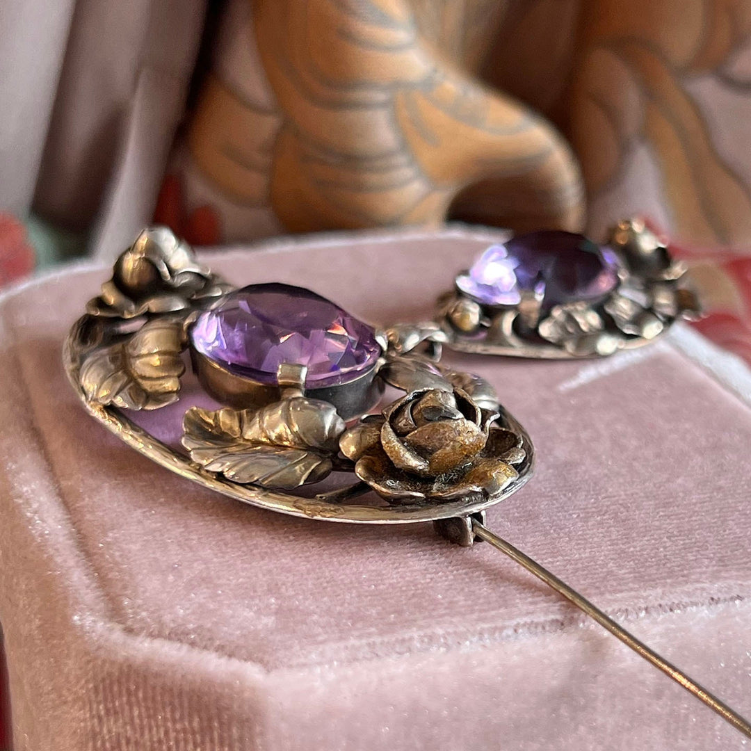 Large Vintage Drop Brooch Silver Amethyst Floral, c.1940