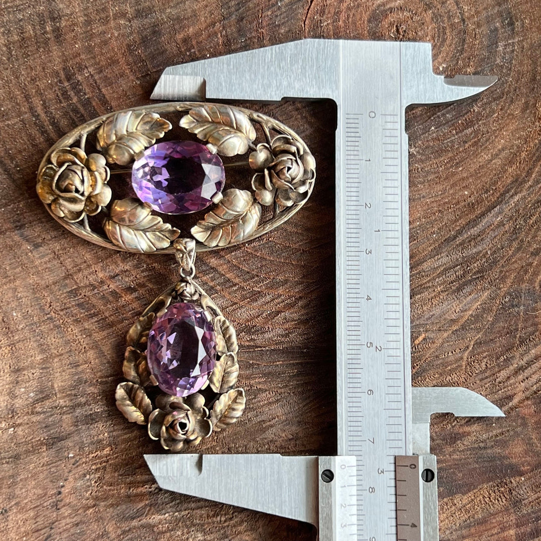 Large Vintage Drop Brooch Silver Amethyst Floral, c.1940