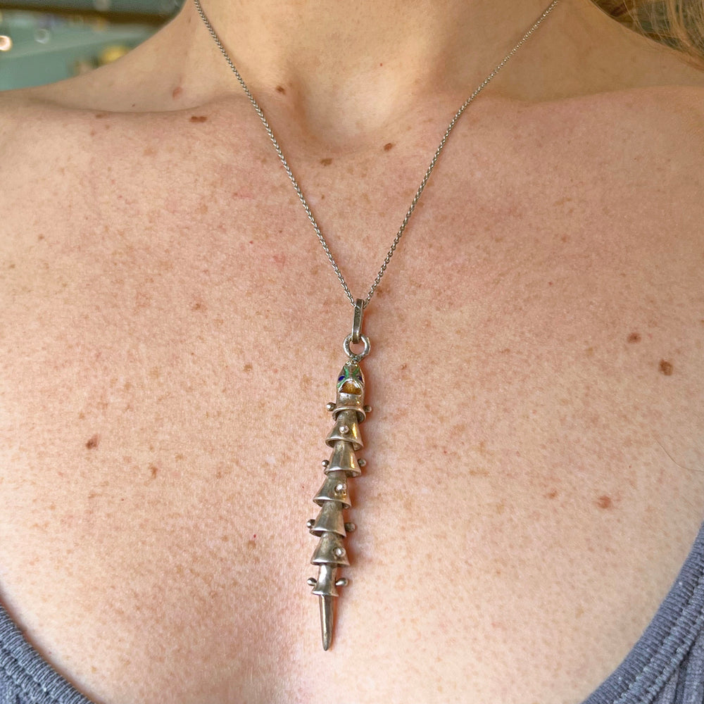 Mid-Century Silver Enamel Snake Drop Pendant c. 1960