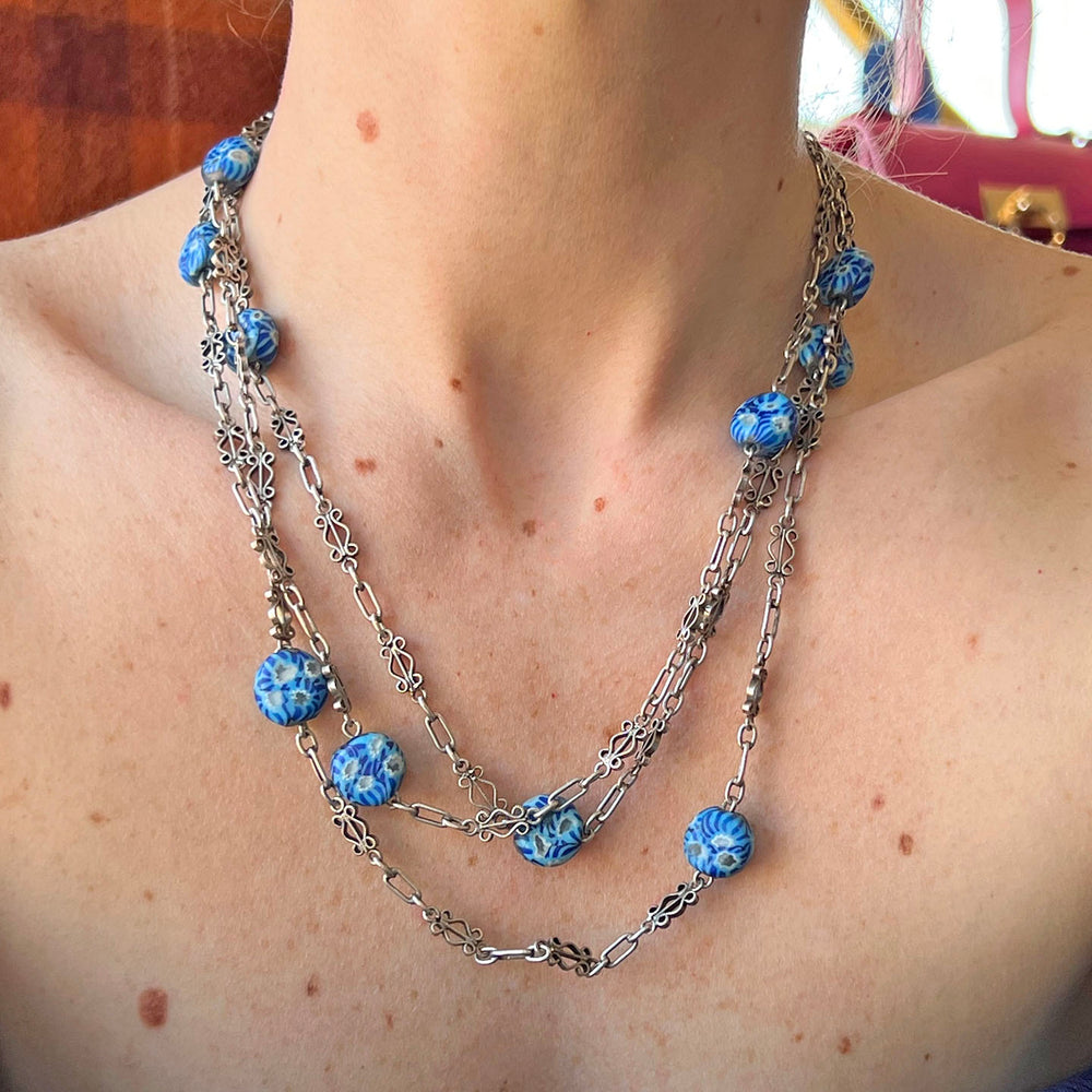 Metal Millefleur Venetian Glass Bead Chain Necklace