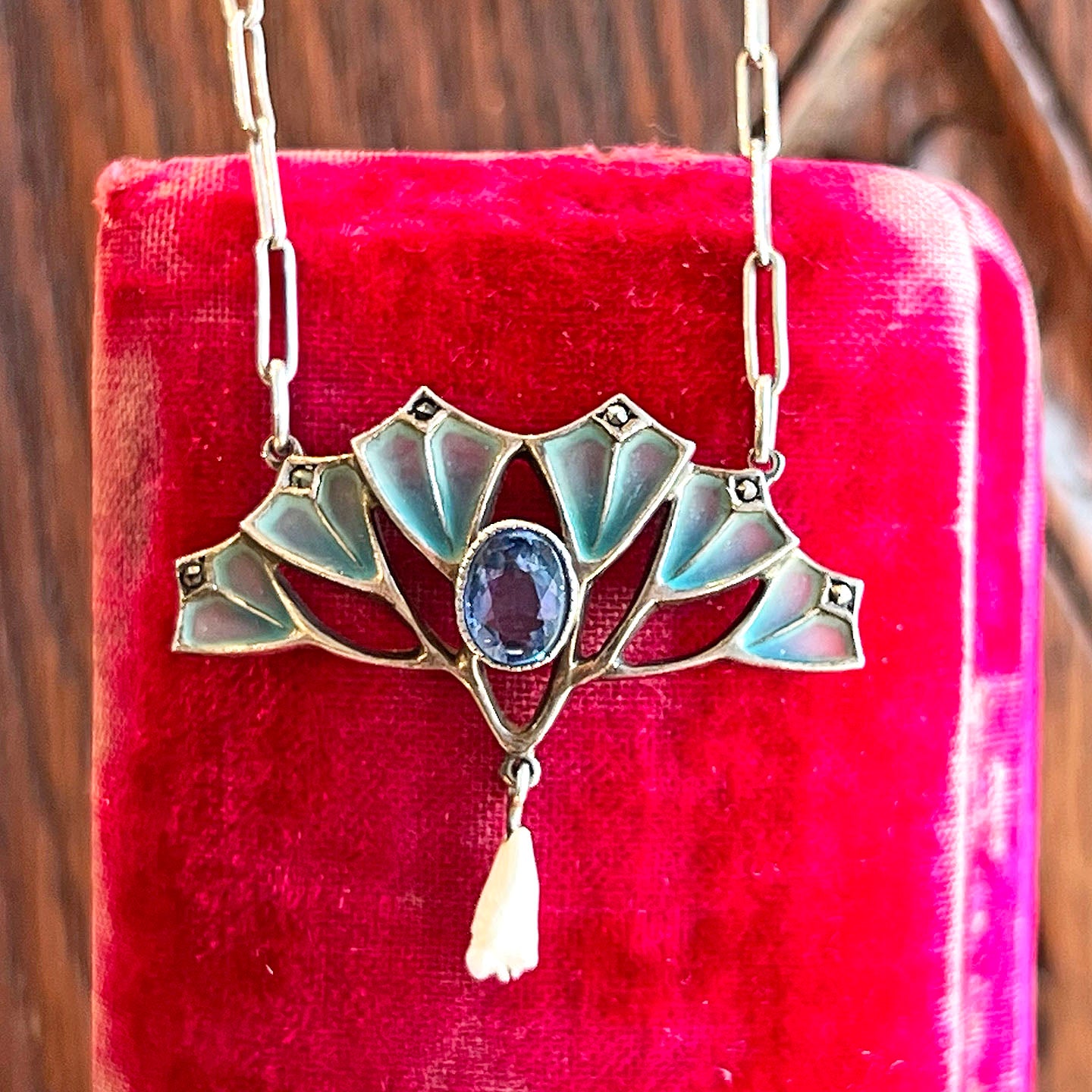 Silver Plique-a-Jour Enamel Necklace Marcasite Sapphire Pearl Drop