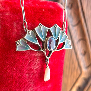 Silver Plique-a-Jour Enamel Necklace Marcasite Sapphire Pearl Drop
