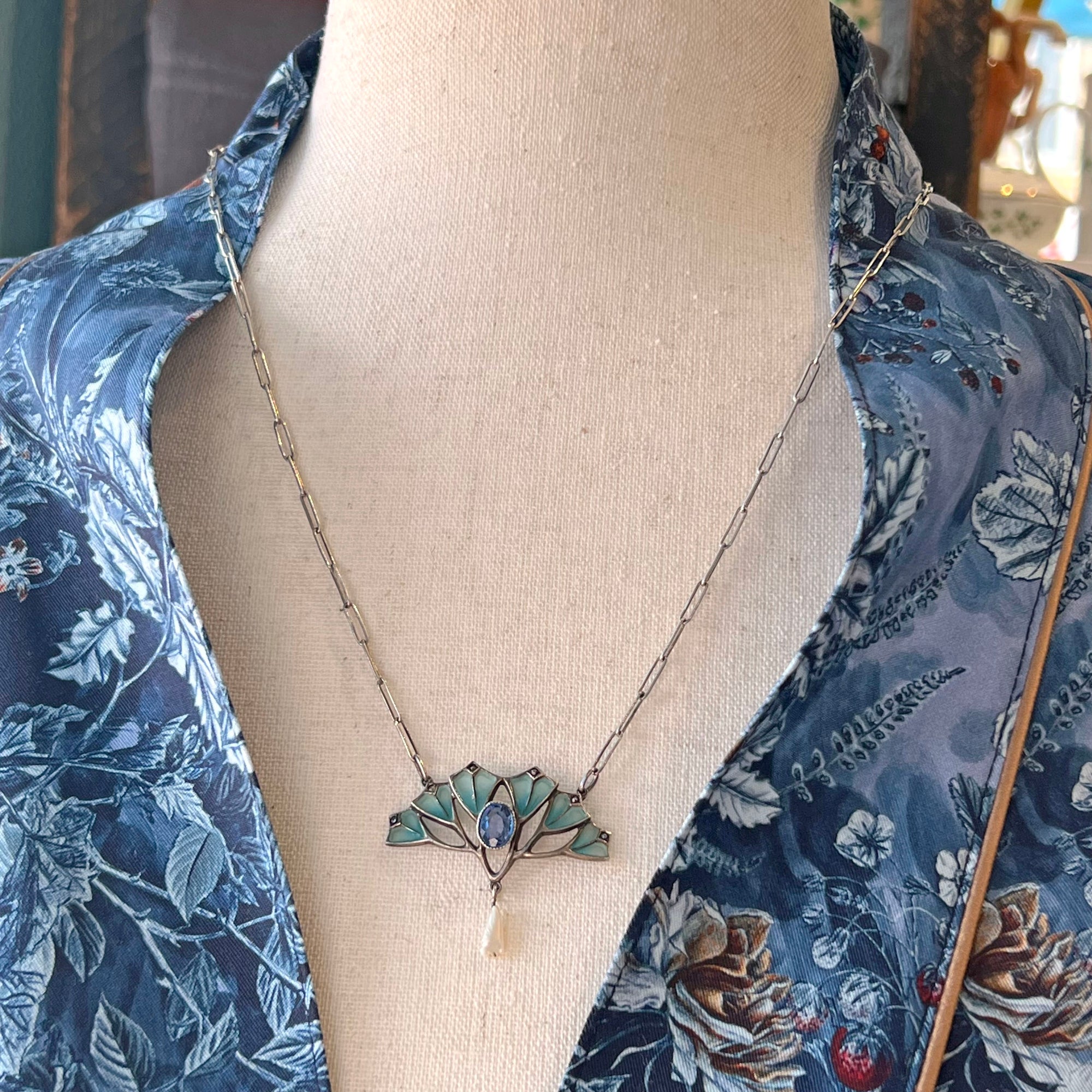 Silver Plique-a-Jour Enamel Necklace Marcasite Sapphire Pearl Drop