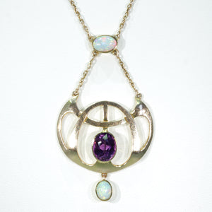 Antique Art Nouveau Opal Amethyst Necklace 15k Gold
