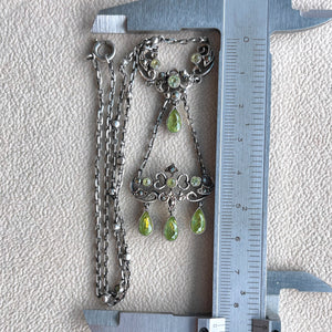 Vintage Silver Marcasite Green Paste Drop Necklace