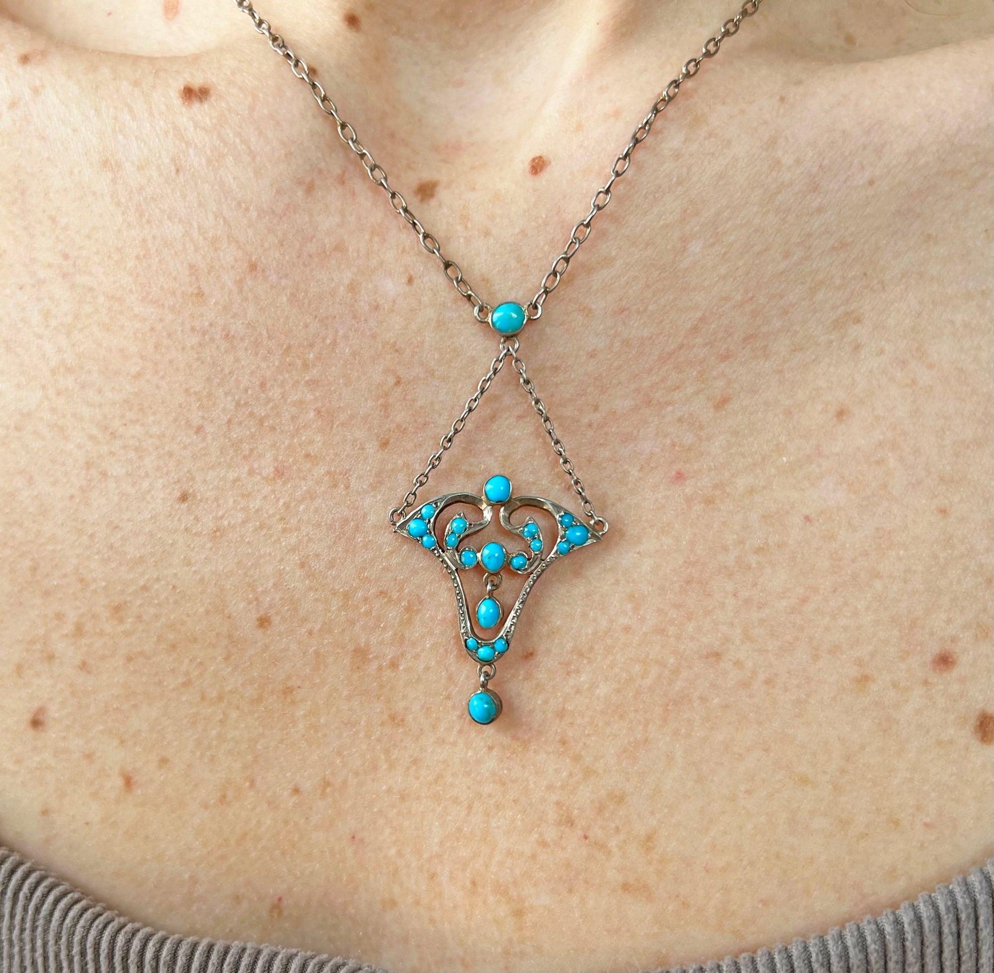 Antique Art Nouveau Silver Turquoise Necklace, c. 1900